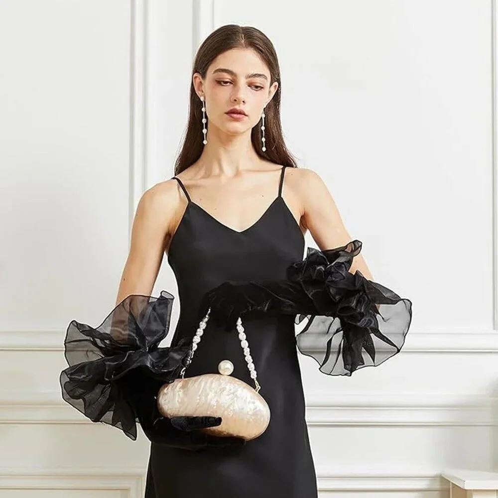 Women's Elegant Evening Black Opera Velvet Ruffled Long Puff Sleeve Gloves